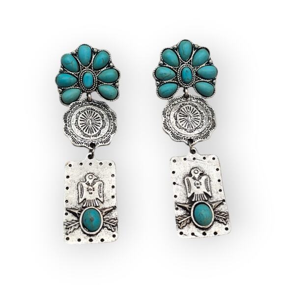 West & Co Turquoise Western Statement Earrings Silver Tone Dangle 3.5” - Picture 5 of 8